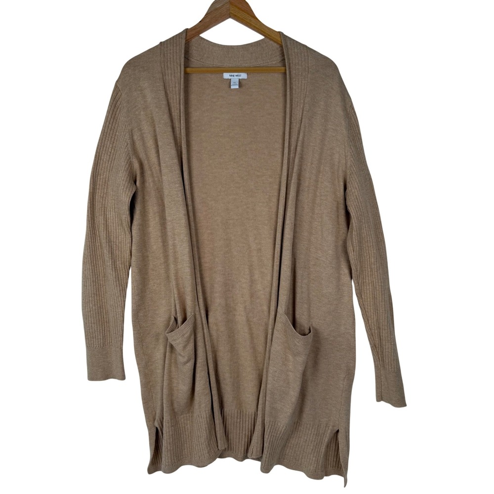 Nine West Womens XL Tan Open Front Longline Cardigan Sweater Ribbed Knit Pockets
